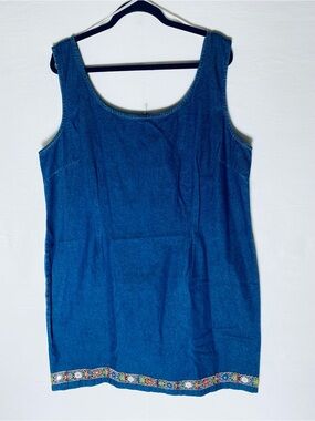 Vintage California Concepts Denim Scoop Neck Dress W Embroidered Stripe Hem 20